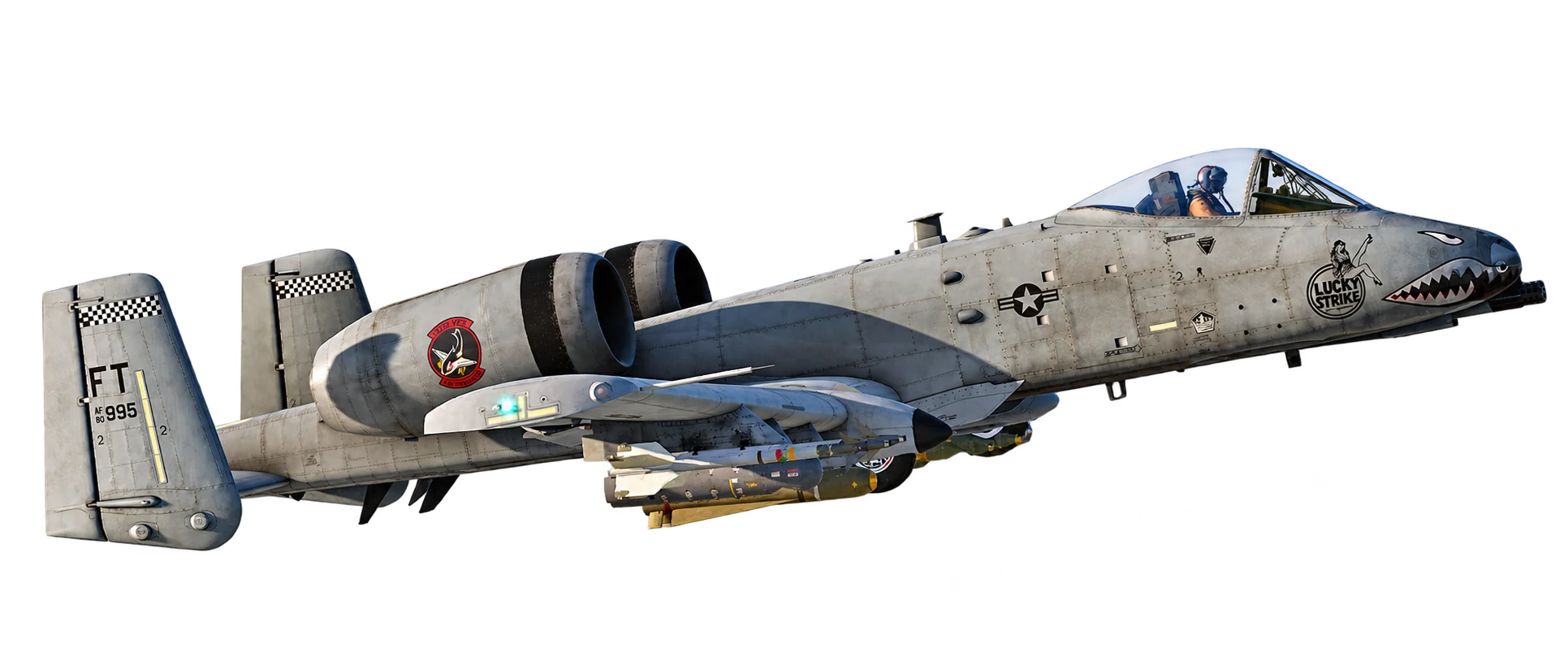 75th Virtual Fighter Squadron A-10C II, tail FT 995, showing its Lucky Strike nose art, shark mouth, and checkerboard tail markings.